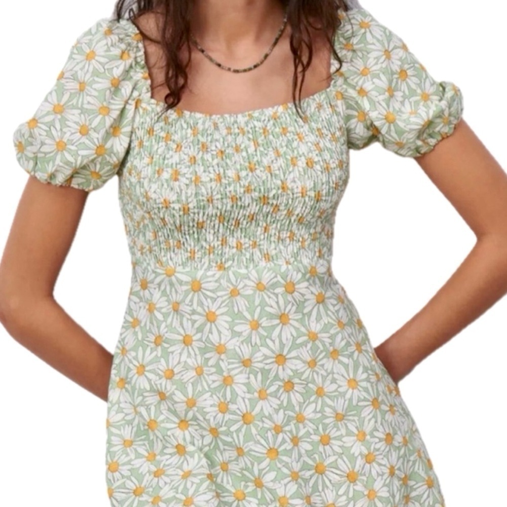 Zara Daisy Ditsy Floral Linen Blend Green Puff Sleeve Mini Dress Size Medium